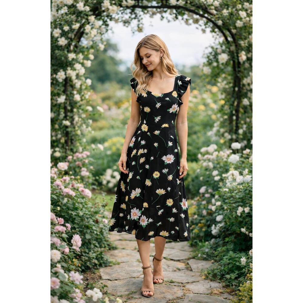 Romantic Floral Midi Dress LOFT Petite Black Flutter Sleeve Spring Size 10P